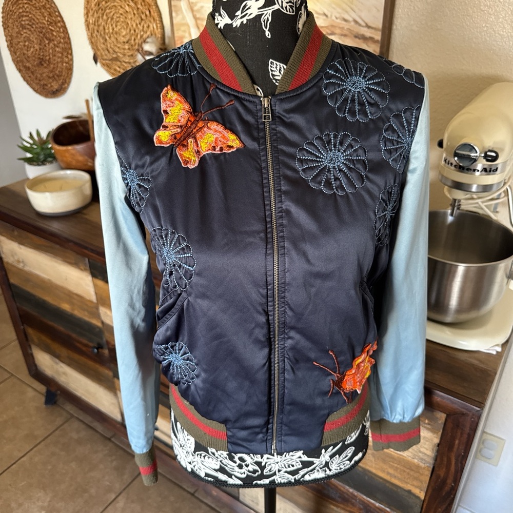 Embroidered Butterfly Bomber Jacket in Navy and Light Blue